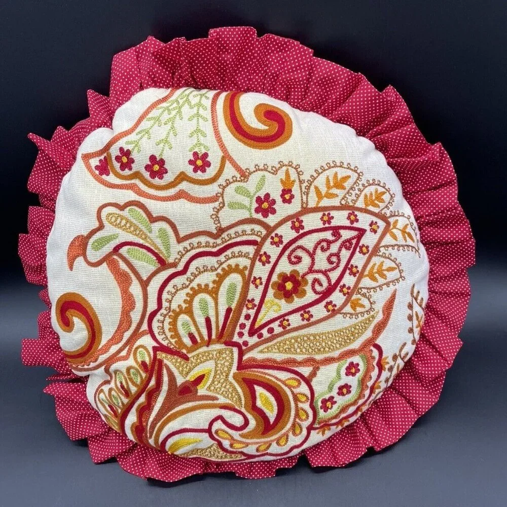 Pier 1 Throw Pillows Round Decorative Red Gold Polka Dot Pair 13 Inch Paisley